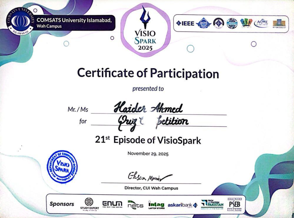 VisionSpark Quiz Competition – Winner certificate